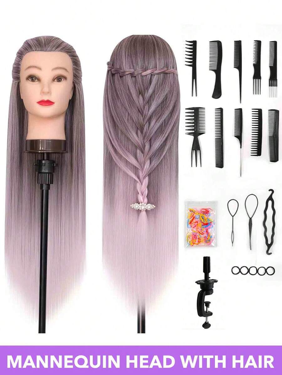 28-Inch Mannequin Head With Multicolored Synthetic Hair - Includes Free Clamp & Bonus Braiding Set For Hairdressing Practice For Cosmetology Practice Barber & Salon Styling Braiding & Practice Doll Head Durable & Easy Maintenance - Multicolor - View 1