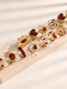 16件套不锈钢金色3D图案混搭高品质不褪色可调节戒指套装，情人节心形戒指礼物，母亲节礼物，日常佩戴，节日珠宝礼物