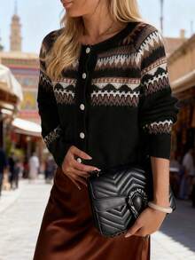 Autumn/Winter Fashion Casual Comfortable Warm Grey Geometric Fairisle Pattern Long Sleeve Crew Neck Button-Up Cardigan Black - Black - View 2