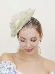 1顶女士迷人头饰，花朵造型，带面纱，适合鸡尾酒会、下午茶会和赛马会等场合，也适合赛马场单人排队、嘉年华下午茶会等。