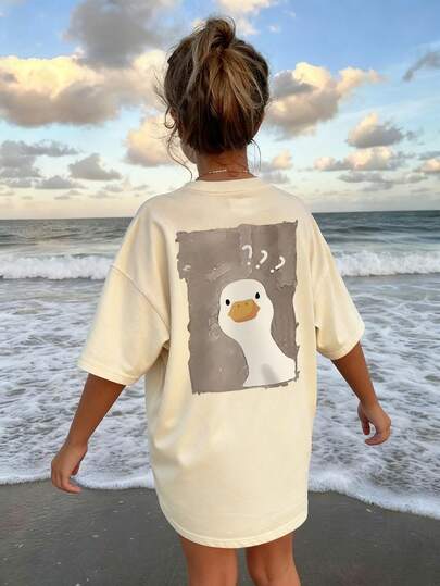 1 件女童青少年休闲圆领图案印花短袖 T 恤，夏季学生年轻儿童服装 - 问号鸭，专为独特的动物爱好者设计