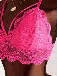 2pcs Women Sexy Lingerie Set, Adjustable Strap Triangle Cup Zipper Bra And Semi-Sheer Lace Panty, Comfortable Sleepwear Set - Hot Pink - View 4