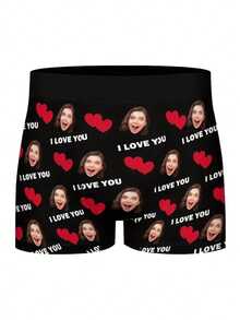1pc Customized Face Print Men's Briefs, Personalized Gift For Boyfriend/Husband, Printed With "I Love You" And A Red Heart - Multicolor - View 2