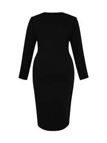 1pc Plus Size Long Sleeve V-Neck Dress, Suitable For Work, Office, Wedding Guest, Autumn Black Spring - Black - View 3