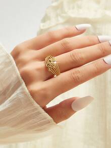 Mgyi Gold-Colored Copper Fashionable And High-End Luxury Retro For Women,18K Gold Plated Elegant Luxury Square Design Ring For Women, Suitable For Nigeria, Dubai, Middle East, Saudi Arabia Bridal Wedding, Daily Wear, Wedding Anniversary Gift, Halloween Gift For Friends - PJZ-102 - View 3