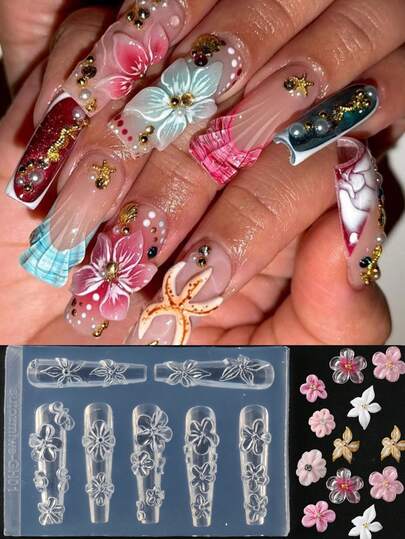 1pc 3D Floral Silicone Nail Art Molds - Flower Design Reusable Nail Templates High-Quality Transparent Nail Carving Templatesfor Nail Decoration Mold