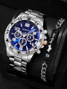 2pcs/Set Fashionable Business Men's Round Black Steel Band Quartz Watch, Paired With Diamond Bracelet Combination Gift Set, Suitable For Holidays, Parties, Business And Daily Wear - Blue - View 5