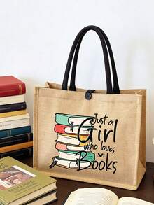 黄色亚麻两件套，大容量亚麻手提袋，印有“Just A Girl Who Loves Books”彩色字母和爱心图案，时尚便携女士亚麻手提包，多功能购物袋，适合作为礼物送给女性、母亲、老师、朋友、伴娘、学生，也适合婚礼、周年纪念日、生日、海滩、节日、返校、情人节、母亲节等场合。 - 彩色 - 查看 6