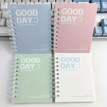 4张“美好的一天”主题便签，1本50页A7螺旋笔记本，可爱卡通设计，带分隔页，便携美观日记本，简约动漫风格，耐用螺旋装订，优质纸张，口袋大小，防渗墨备忘录，适用于备忘录、日记、计划、学习、记事本、每日计划、简约设计、时尚记事本、耐用装订、优质纸张、口袋笔记本、紧凑型日记本、创意写作、计划本 - 彩色 - 查看 5