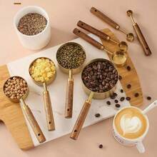 8pcs Measuring Cup & Spoon Set | Wooden Handle Design, Metric & Imperial Units, Polished Silver Surface, Suitable For Cooking And Baking - Silver - View 7