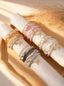 8 Pieces Bohemian Vacation-Style Starfish Shell Crystal Pearl Bracelet Set, Suitable For Women To Wear During Vacations And Music Festivals - Multicolor 2 - View 11