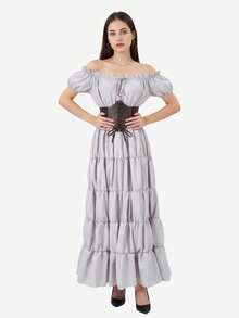 Summer Outfits For Women, A Two-Piece Renaissance And Medieval Pirate-Style Peasant Outfit, An Irish-Style Petticoat (Paired With A Brown Belt), A Fitted And Elegant Long Dress Style, Suitable For Halloween, Christmas Parties And Daily Wear Occasions. - 灰色+棕色 - 查看 2