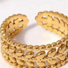 1pc Elegant Wheat Ear & Leaf Stainless Steel Gold-Plated Open Ring, Everyday Wear & Valentine's Day Gift For Women - As Shown - View 3