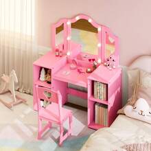 Juego de Mesa y Silla de Cambiador Princesa para niñas con Espejo triplegable, computadora de Cambiador con luz táctil con Almacenamiento y Silla de Respaldo Alto, Convertible a computadora - Rosa - Ver 6