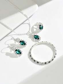 5pcs/Set Women's Jewelry Gift Set: Necklace, Earrings, Bracelet, Ring, Rhombus Pattern, Elegant Street Style Bridal Accessories, Thanksgiving Royal Copper - Green - View 5