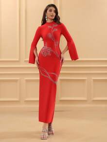 Love Aing Đầm đỏ tay dài dành cho nữ, sang trọng và trang trọng, được thiết kế như một chiếc váy dạ hội, thanh lịch, trang nhã và duyên dáng. Được đính sequin và có thiết kế xẻ tà, có thể mặc như váy cưới, và phù hợp cho các lễ hội, hẹn hò, tiệc cocktail, bữa tối và các buổi tiệc. Một chiếc đầm dài thanh lịch. - Đỏ - Xem 4