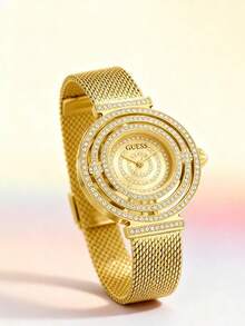 Guess 1件女士梦幻香槟色圆形表盘模拟腕表，精致链式设计，独特球形水晶连接，水晶表圈和表盘相得益彰，女士礼物，GW0550L2 - 金色 - 查看 1