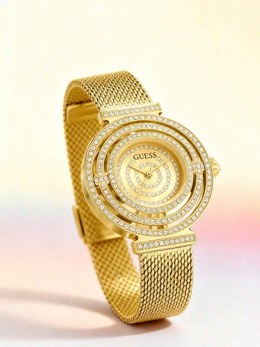 Guess 1件女士梦幻香槟色圆形表盘模拟腕表，精致链式设计，独特球形水晶连接，水晶表圈和表盘相得益彰，女士礼物，GW0550L2 - 金色 - 查看 1