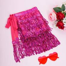 Sequin Belly Dance Scarf Tassel Wrap Sparkly Fringe Skirt With Pair Heart Party Rave Costume Women - 玫紅色 - 查看 5