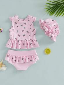 Conjunto de traje de baño para bebé niña pequeña, estampado, sin mangas, con volantes, top tipo tanga y gorro para el sol, 3 piezas. - Multicolor - Ver 2