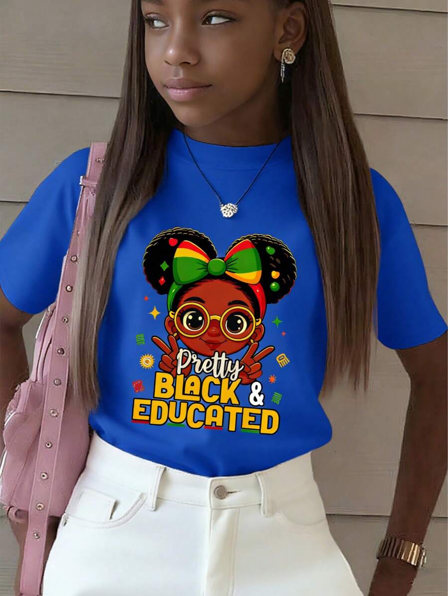 Girls & Teenagers Students Casual Printed Black Crew Neck Short Sleeve T-Shirt Top, Summer - Màu xanh lam - Xem 1