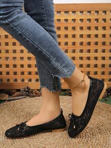 Zapatos planos de verano para mujer con malla de encaje y suela blanda, mocasines casuales con lazo y punta cuadrada - Negro - Ver 2