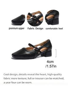 百搭厚底凉鞋，复古编织镂空绑带方头玛丽珍鞋，时尚办公服饰 - 黑色 - 查看 8