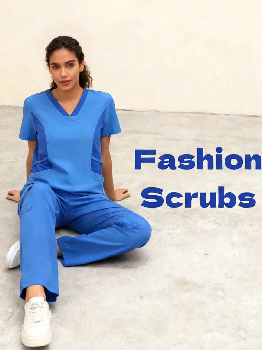 cimmuovere Women's V-Neck Short Sleeve Contrast Color Multi-Pocket Top And Loose Distinctive Multi-Pocket Solid Color Scrubs Nurse Scrubs Workwear Dentist Healthcare Pet Hospital Laboratory Uniform Set - Blue - View 1