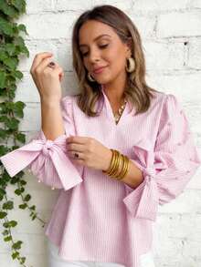 Women's Striped Woven Fabric Pearl Bowknot Ruffle Hem Tie Front Blouse Pink Spring - Pink - View 5