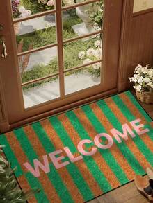 1 pieza Felpudo de bienvenida con rayas marrones y verdes, minimalista de felpa corta de secado rápido y antideslizante, lavable, decoración del hogar, adecuado para cocina, baño, comedor, entrada, fiesta, Año Nuevo, todas las estaciones, decoración de patio - Verde - Ver 2