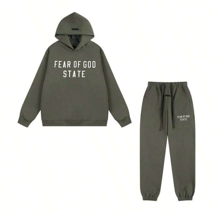 Fashionable Suit, Casual Hooded Sweatpants Set, Equipped With Pocket Drawstring Design, Loose Fit Design - Green and White - View 1