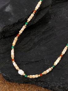 Opalesca 1pc Natural Stone & Freshwater Faux Pearl Dopamine Beaded Necklace - Multicolor - View 4