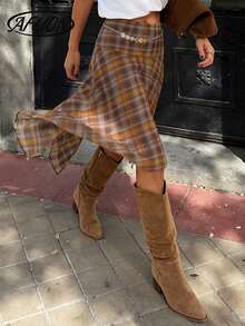 Aflion 女士新款春夏棕黄格纹印花腰部不对称下摆中长裙 - 复古休闲连衣裙，适合约会、派对、日常休闲、学院风、度假、音乐节和周末出游 - 彩色 - 查看 11