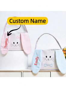 1pc Customized Name Printed Easter Decoration Cute Rabbit Ear Handbag, Plush Rabbit Easter Egg Storage Basket, Holiday Atmosphere Prop, Home Organizer Small Basket - Multicolor - View 10