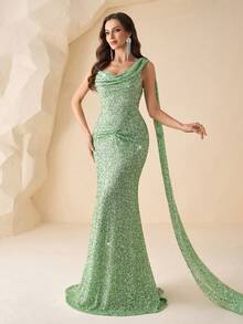 Elisanya Rückenfreies romantisches glamouröses Kleid mit Pailletten, sexy schlanke Passform Abendkleid für formelle Anlässe, Cocktailparty, Gastgeberin - Minzgrün - Übersicht 4