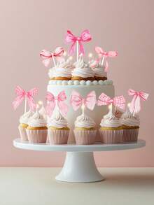 16pcs/Set Pink Bow Cake Topper, Pink Bow Party Cake Decoration Supplies,Pink Bow Cake Insert,Birthday Cake Decor, Baby Shower Party Supplies,Wedding Party Dessert Decor, Baking Decor Supplies,Ice Cream Decoration,Dining Table Decor,Pink Bow Birthday Party Decor, Birthday Gift Party Favor - Bow - View 5