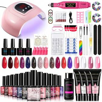 LIMEGIRL Zestaw lakierów żelowych UV, zawiera lampę UV i frezarkę do paznokci, lampę UV LED do suszenia paznokci, zestaw lakierów żelowych, uniwersalny zestaw lakierów żelowych, bazę, lakier nawierzchniowy, profesjonalny zestaw do manicure żelowego, zestaw do domowej pielęgnacji paznokci, prezent dla kobiet