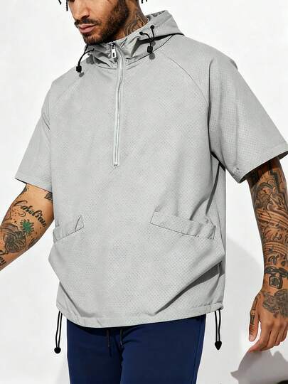1 pièce T-shirt à capuche à manches courtes gris avec doublure en maille, léger et respirant, veste à manches courtes pour hommes, style casual américain, convient pour l'extérieur, les déplacements et les loisirs