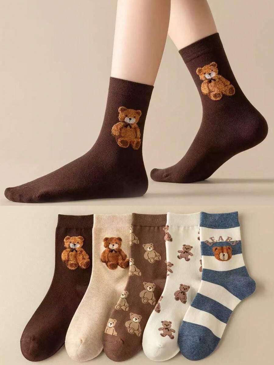 5 Pairs Of Women's Cartoon Bear Mid-Calf Socks,Playful Campus Cute Style, Soft And Comfortable, Suitable For Daily Wear, Home, Commuting, And Sports, All-Season Versatile Long Socks, Easter Gift - Multicolor - View 1