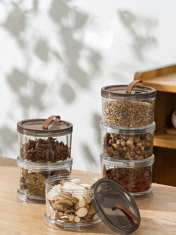 1pc Tier Round Spice Storage Box, Multi-Layer Fresh-Keeping Container, Transparent Airtight Jar, Storage Container, Suitable For Grains, Cereals, Snacks, Spices, Etc., Ideal For Refrigerator And Countertop Storage, Home Kitchen Cabinet