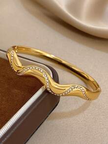 1pc Minimalist Wave Bracelet, Women's Elegant Gold-Tone Bracelet, Stackable, Suitable As Christmas Party Jewelry Gift - Multicolor - View 5