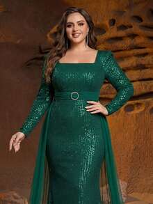 Faeriesty 大码女士方领亮片晚礼服 - 优雅正式礼服，长袖设计，修身鱼尾廓形，搭配及地薄纱拖尾，适合盛大的新年晚会、盛大的节日舞会、奢华的婚宴、著名的颁奖典礼和红毯活动等场合。 - 墨綠色 - 查看 4