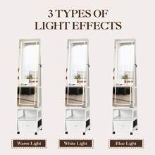 clóset organizador de joyas con espejo de longitud completa, espejo giratorio de 360°, clóset grande de joyería con LED y estantes, gabinete de joyería con cerradura para recámara - Blanco - Ver 4