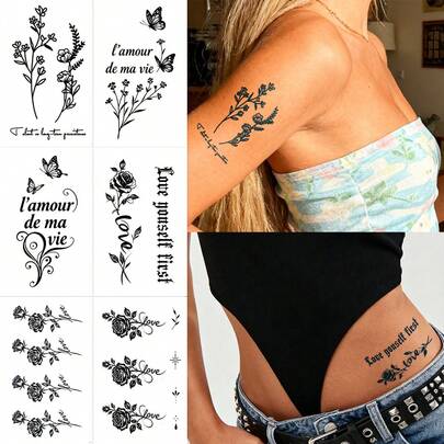 6 PCS / 1 Pc Herbal Juice Semi-Permanent Realistic Temporary Tattoos - Romantic And Artistic Flower Branch Short Sentences Patterns - Festival Tattoos, Valentine's Day, Carnival Gifts. Non-Fading And Non-Reflective For 7-14 Days. Arm, Waist, Abdomen, Legs, Shoulders, Neck, Collarbone, Body Waterproof Tattoo Stickers.