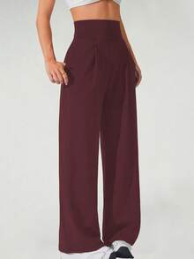 Women's Solid Color High Waisted Pleated Pocket Wide Leg Sports Pants, Comfortable Sports Wide Leg High Waisted Casual Pants, Often Casual In Spring, Autumn, And Winter - 酒紅色 - 查看 5