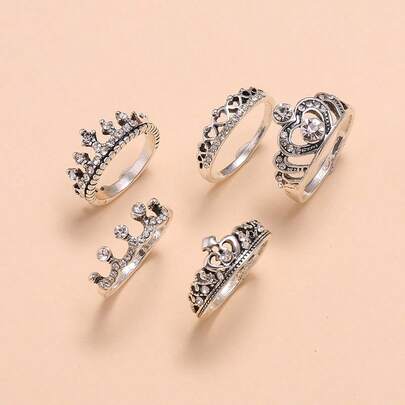 2pcs/3pcs/5pcs Vintage Crown Design Ring Set, Random Style, Suitable For Everyday Wear