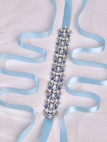 1 قطعة شريط زفاف مموج من البلور، حزام فستان زفاف عصري، إكسسوار خصر لخادمة العروس، ديكور فستان حفلة - أحجار الراين الزرقاء الفاتحة - مشاهدة 9