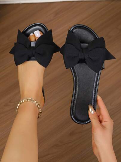 Plus Size Women Fashion Glossy Leather Bow Decor Open Toe Plastic Slippers, Suitable For Home, Commute, Beach, Ideal Gift For Valentine's Day, Women's Day, Halloween, Back To School