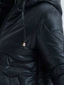 Mid-Length Glossy Down Jacket - Drawstring Hooded Collar With Metal Details | Warm For Autumn/Winter: Suitable For Daily Wear And Commuting - Black - View 7