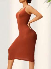 Vestido de una pieza con tirantes finos, unicolor, que levanta el trasero y controla el abdomen, con soporte para el busto, que da forma a la figura y ajusta la cintura para un ajuste ceñido y moldeado para mujer - Naranja Quemada - Ver 4